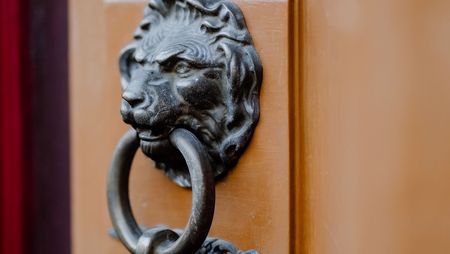 Ein Türklopfer in Form eines Löwenkopfes an einer Haustür in Wernigerode.