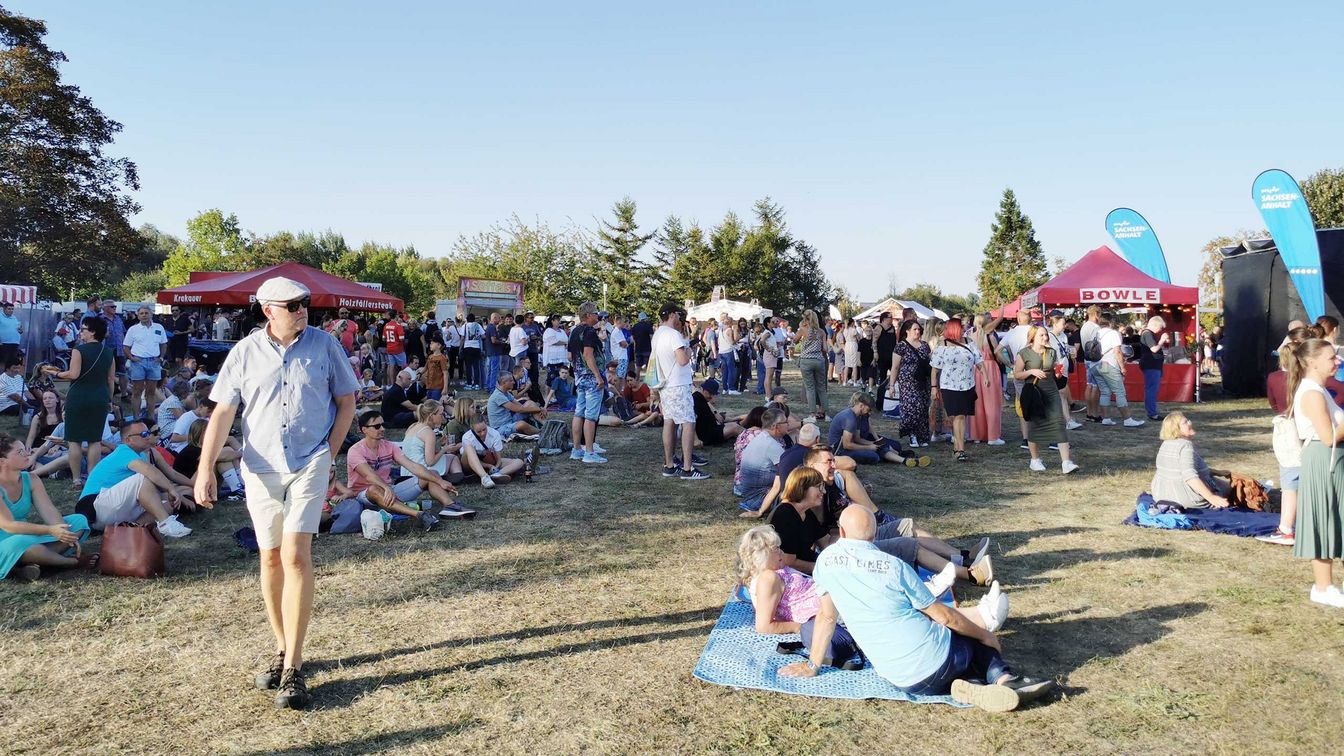 Gäste zum MDR Harz Open Air 2024 stehen und sitzen auf Decken auf dem Gelände des Bürgerparks Wernigerode