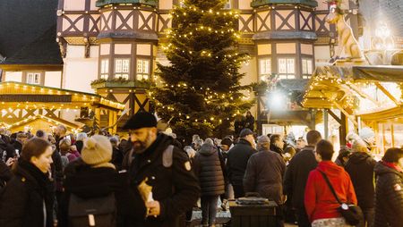 Menschen stehen auf dem Weihnachtsmarkt in Wernigerode vor dem Rathaus